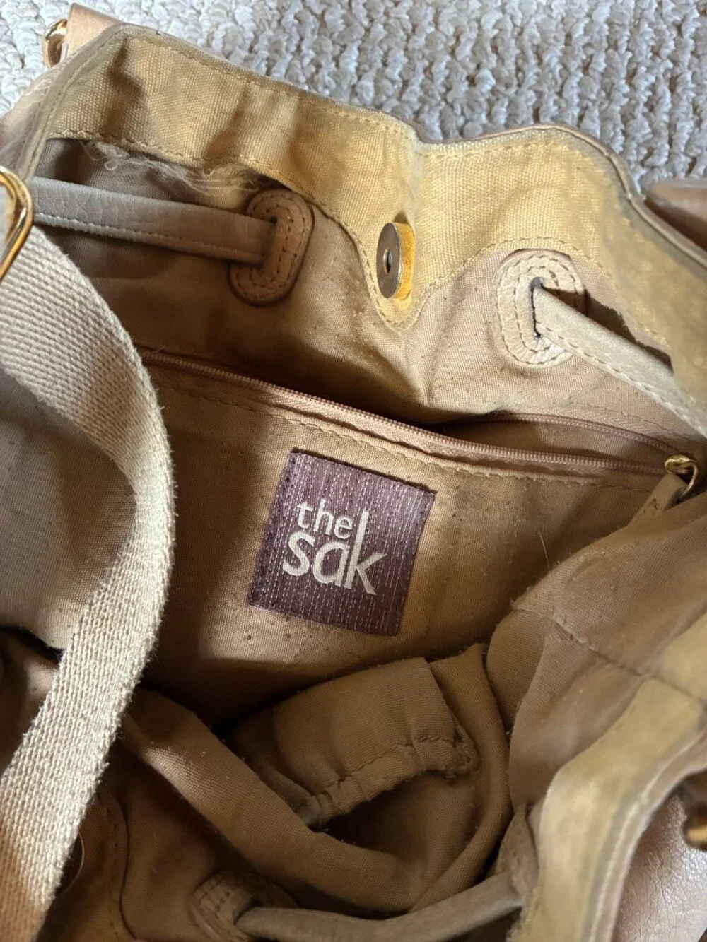 Sak Tan Leather Drawstring Bucket Bag Handbag Hobo Moto